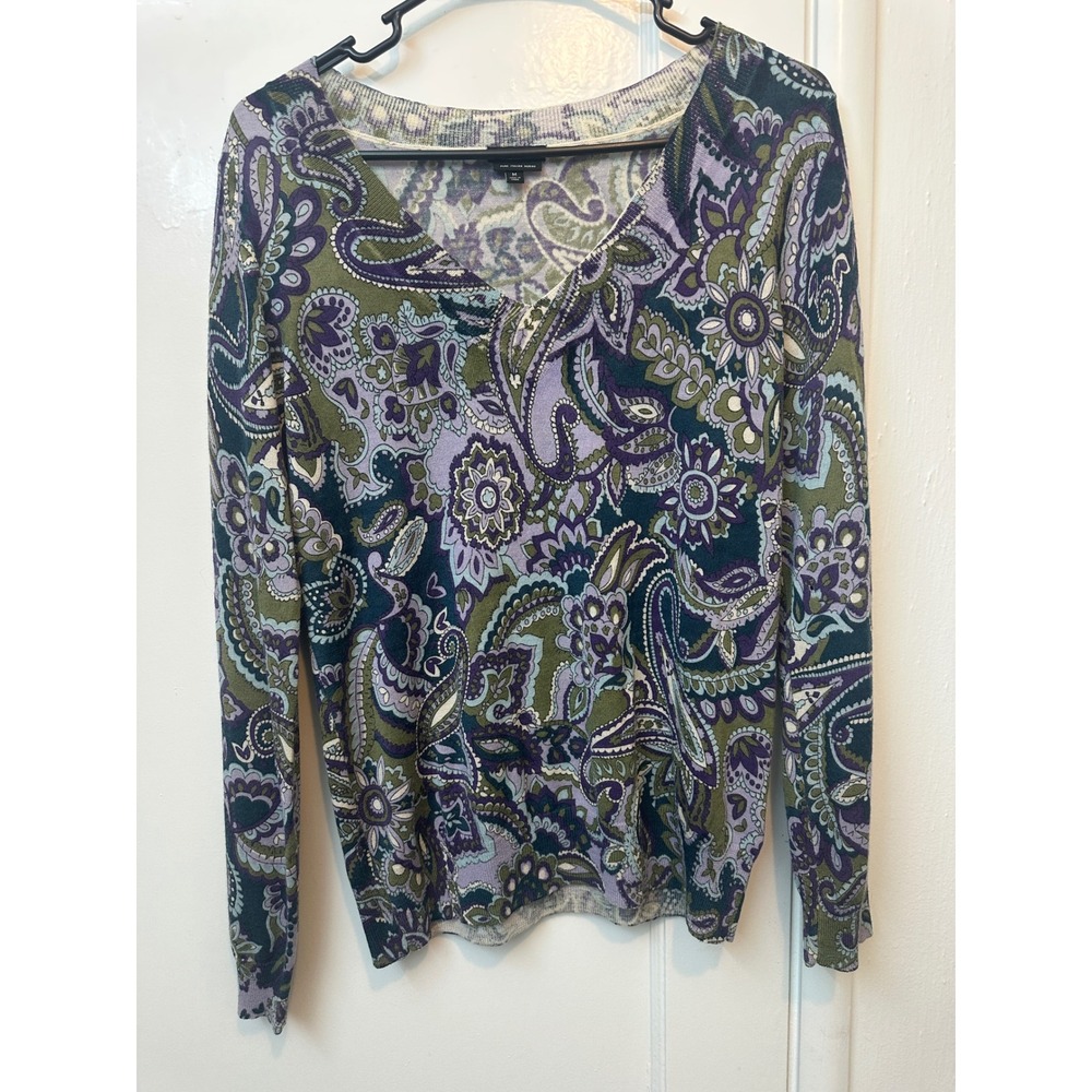 Talbots Pure Italian Merino Wool Paisley V-Neck Sweater Purple Green Womens M